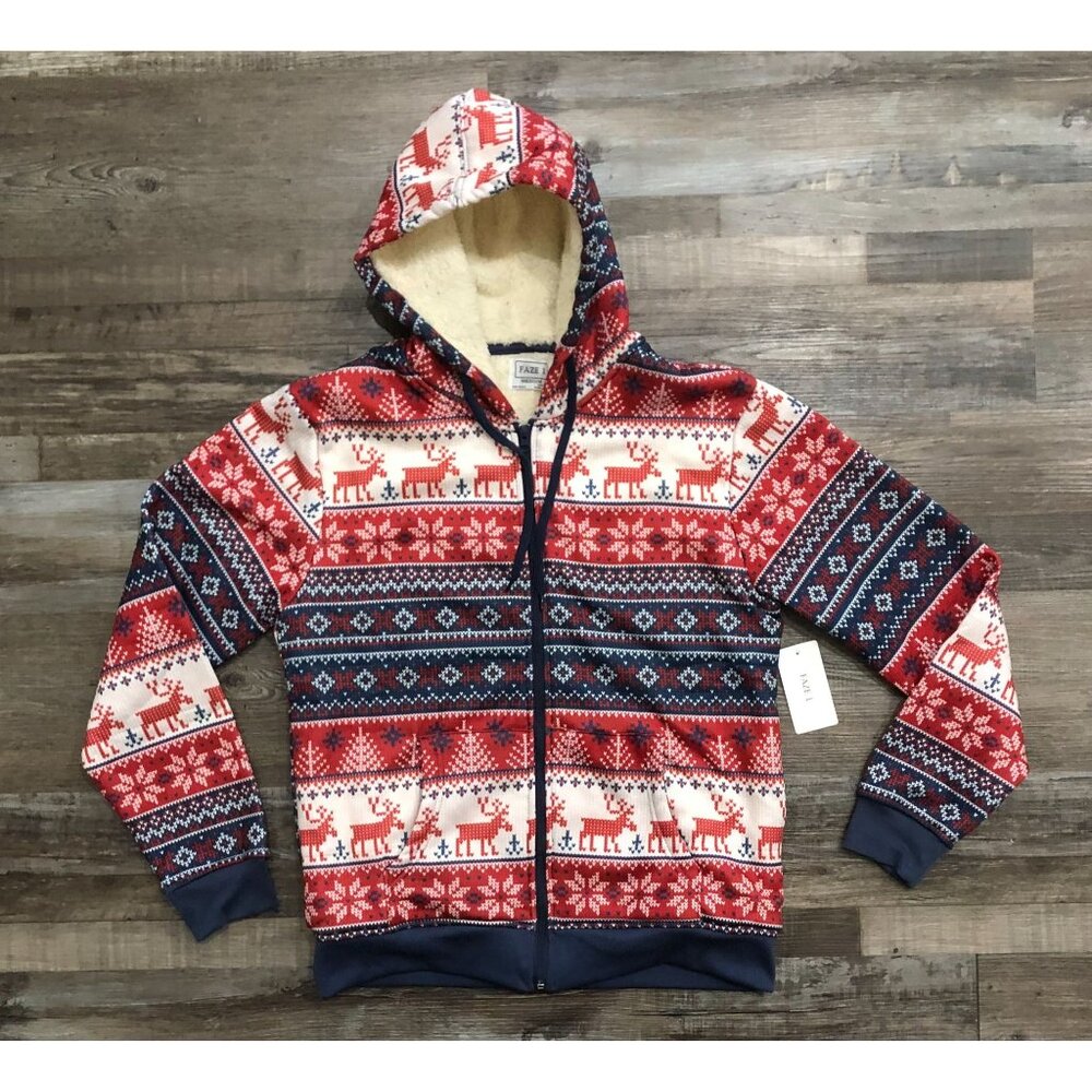 Faze 1 Mens Medium Red Blue Full Zip Hooded Sherpa Jacket New with Tags